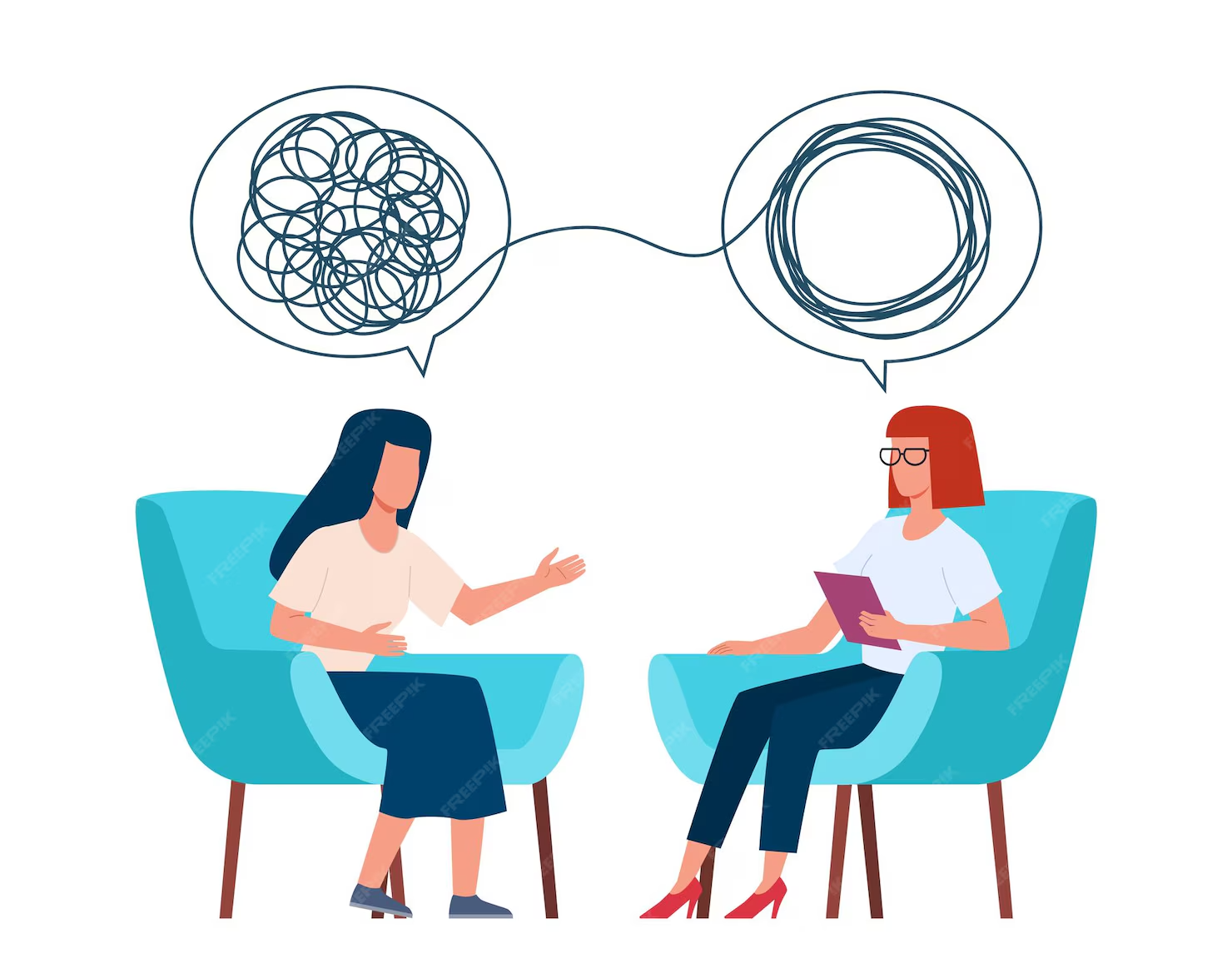Illustration d'une séance : une patiente exprime ses pensées emmêlées, la psychologue l'accompagne vers plus de clarté.